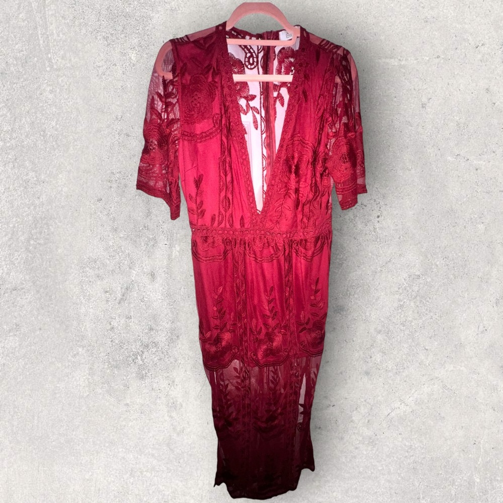Beautiful Wine Colored Deep-Plunge Lace Romper (w/liner sheath)